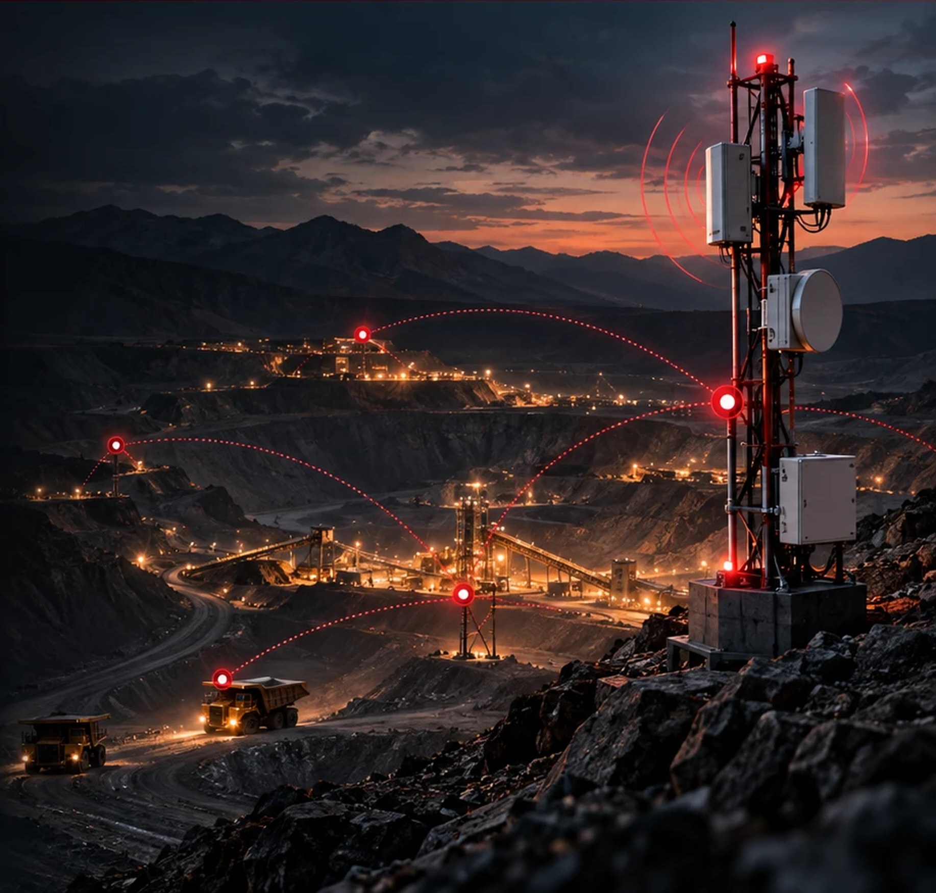 Mina de noche con torre de antena y camiones conectados por red mesh