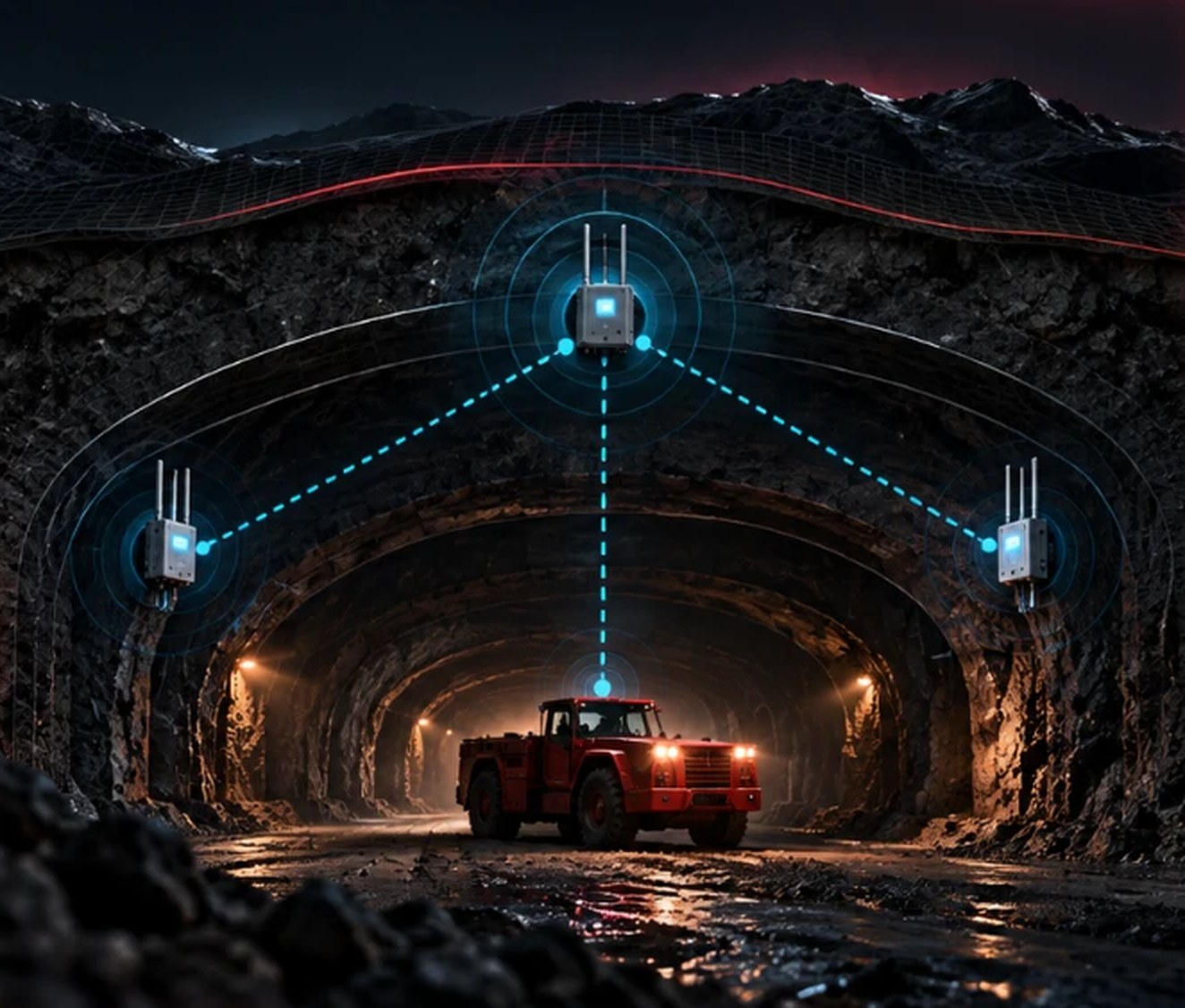 Túnel minero con nodos mesh conectados a un vehículo
